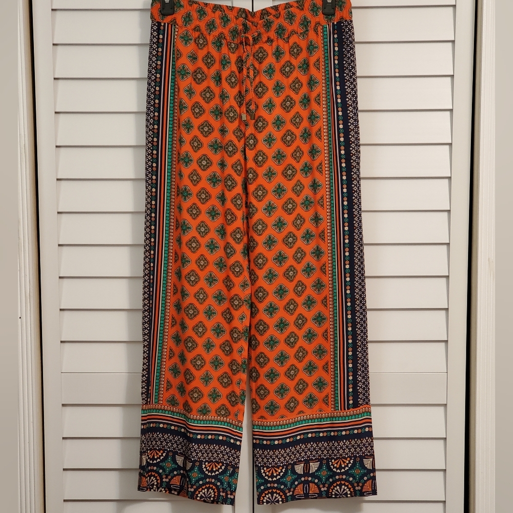NWT Lucy & Laurel Beautiful Print Pattern Wide Leg Pants Elastic Waist LARGE